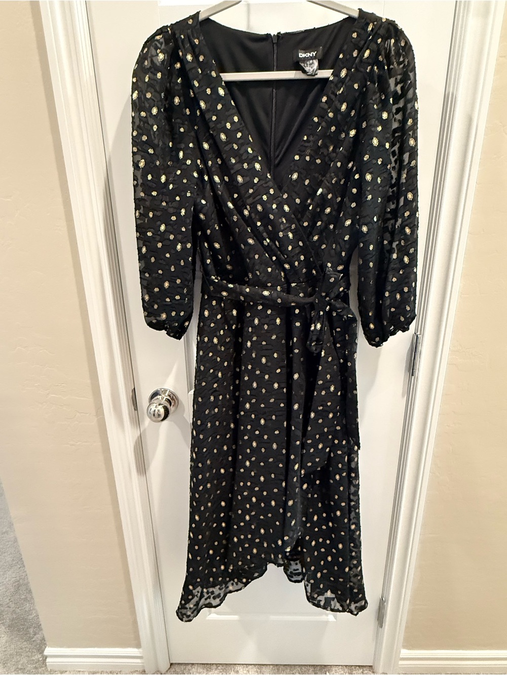 DKNY Black Midi Wrap Dress with Gold Dot Accent